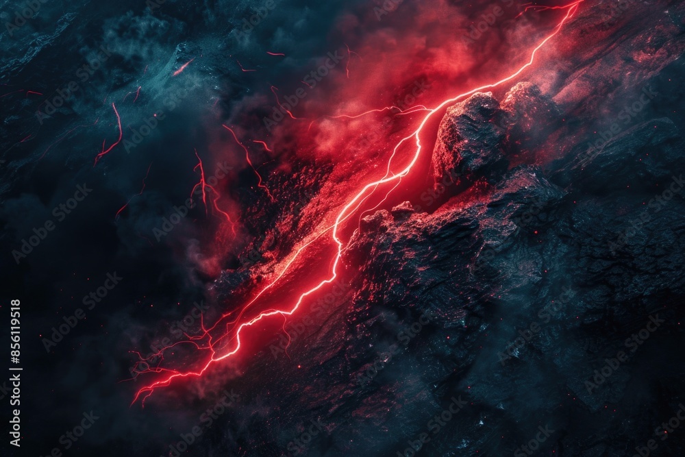 Fototapeta premium A bright red and black lightning bolt symbolizes energy and power