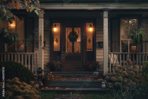 A front door of a house with a beautiful wreath on the porch, suitable for decoration or home design inspiration photo