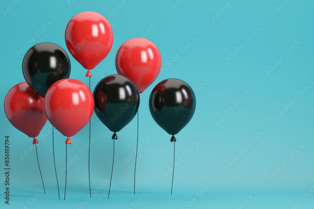 Group of red and black balloons floating on a bright blue background Group of red and black balloons floating on a bright blue background