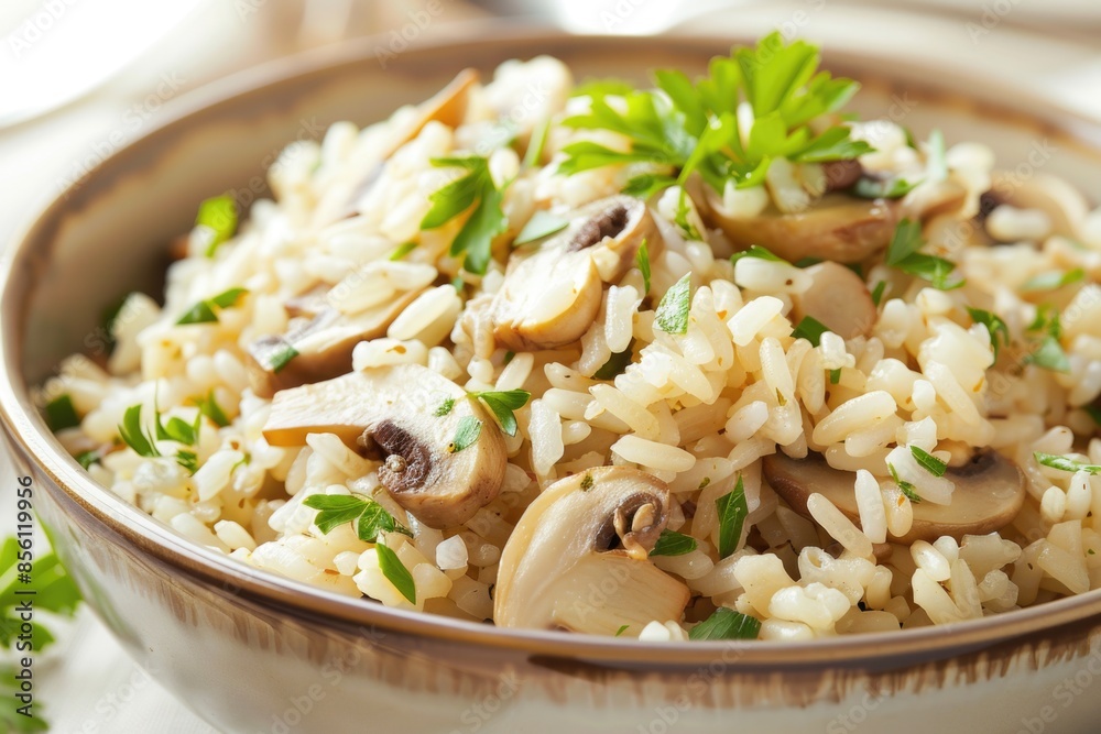 Fresh ingredients used in this dish include rice, mushrooms, and parsley Fresh ingredients used in this dish include rice, mushrooms, and parsley