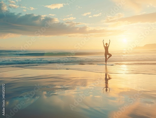 A fit person performing yoga on a serene beach at sunrise, with a focus on mindfulness and tranquility, capturing the calm waves and soft morning light © imlane