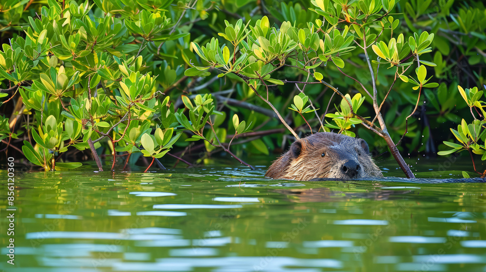 A wild beaver is seen in the middle of a lake, partially hidden by dense bushes A wild beaver is seen in the middle of a lake, partially hidden by dense bushes