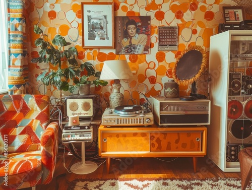 A retro living room setup with 70s-style furniture, bold patterns, and vintage decor items like a record player and old-fashioned telephone photo