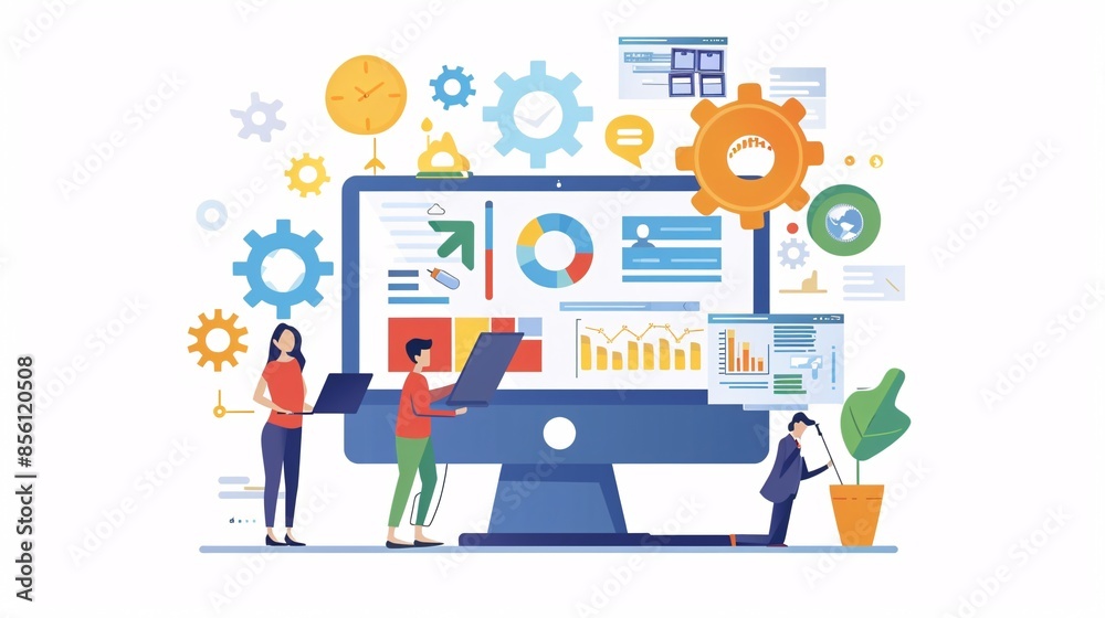 Business people engaged in teamwork and planning on computers and tablets, comparing multimedia research or reports. This involves men and women working with IT solutions.