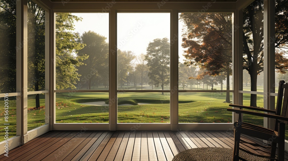Fototapeta premium A tranquil view of a golf course from a screened porch