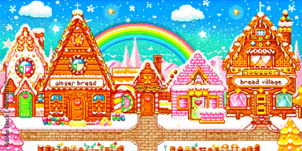 8bits Pixel art of gingerbread village is decorated with ginger bread houses, candy trees and rainbow sky 8bits Pixel art of gingerbread village is decorated with ginger bread houses, candy trees and rainbow sky