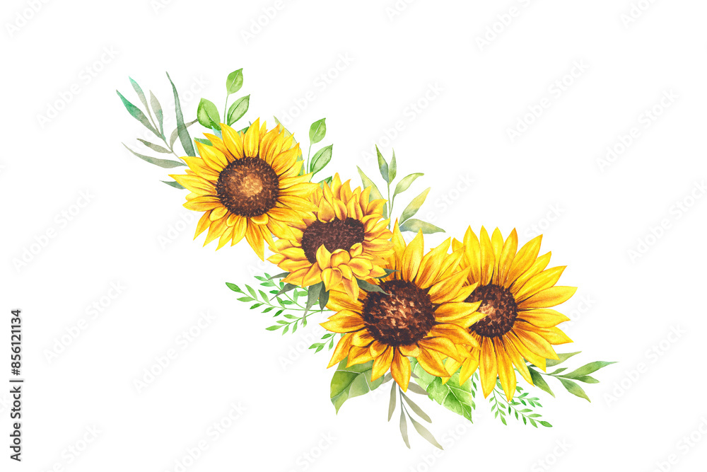 Fototapeta premium Sunflower in Watercolor floral illustration. Yellow flowers for wedding design, thanksgiving decoration, fabric, greeting cards