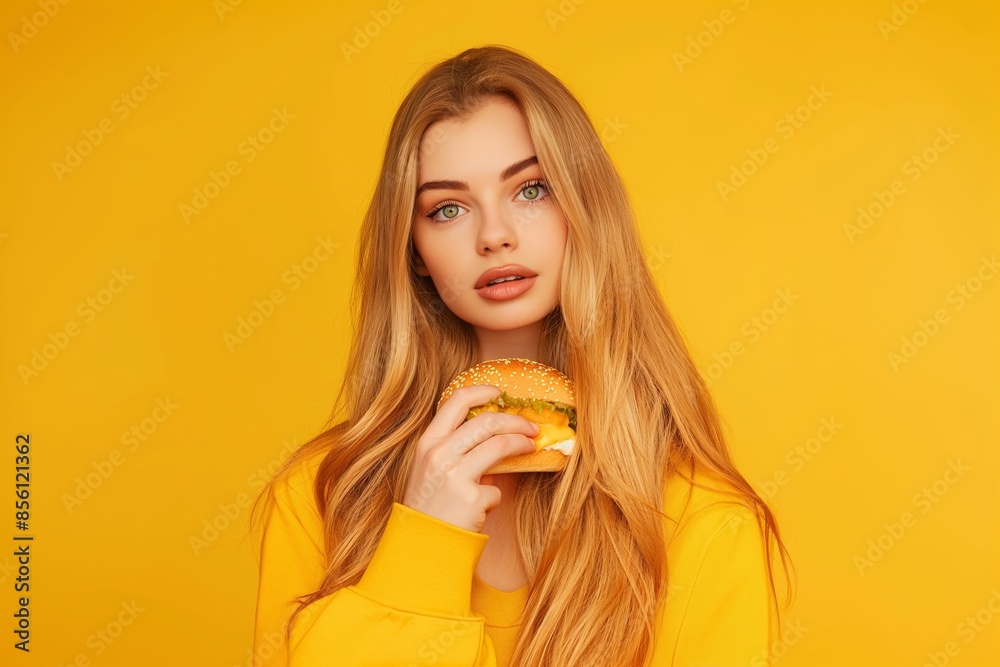 Young Woman Enjoying a Delicious Burger on a Vibrant Yellow Background Young Woman Enjoying a Delicious Burger on a Vibrant Yellow Background