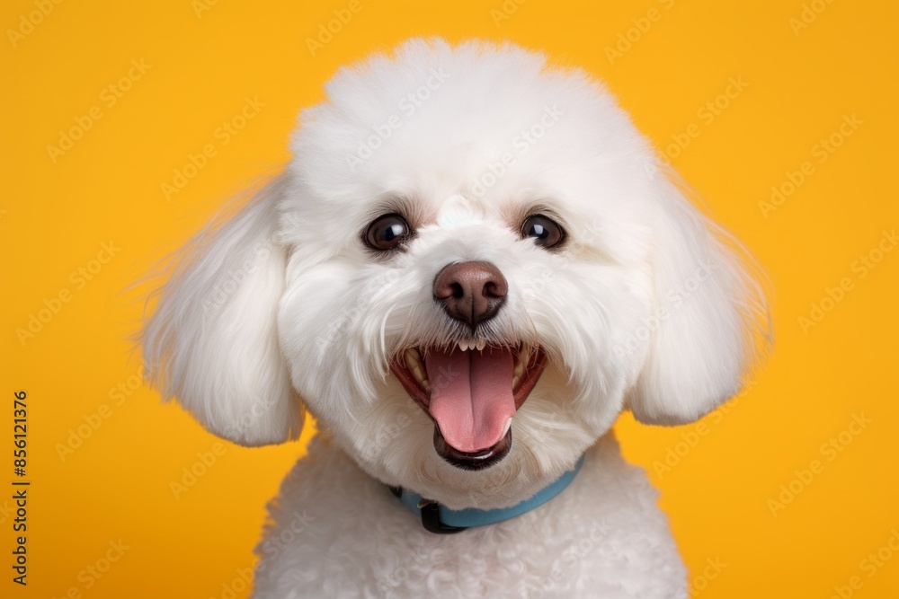 Portrait of a smiling bichon frise over solid color backdrop Portrait of a smiling bichon frise over solid color backdrop