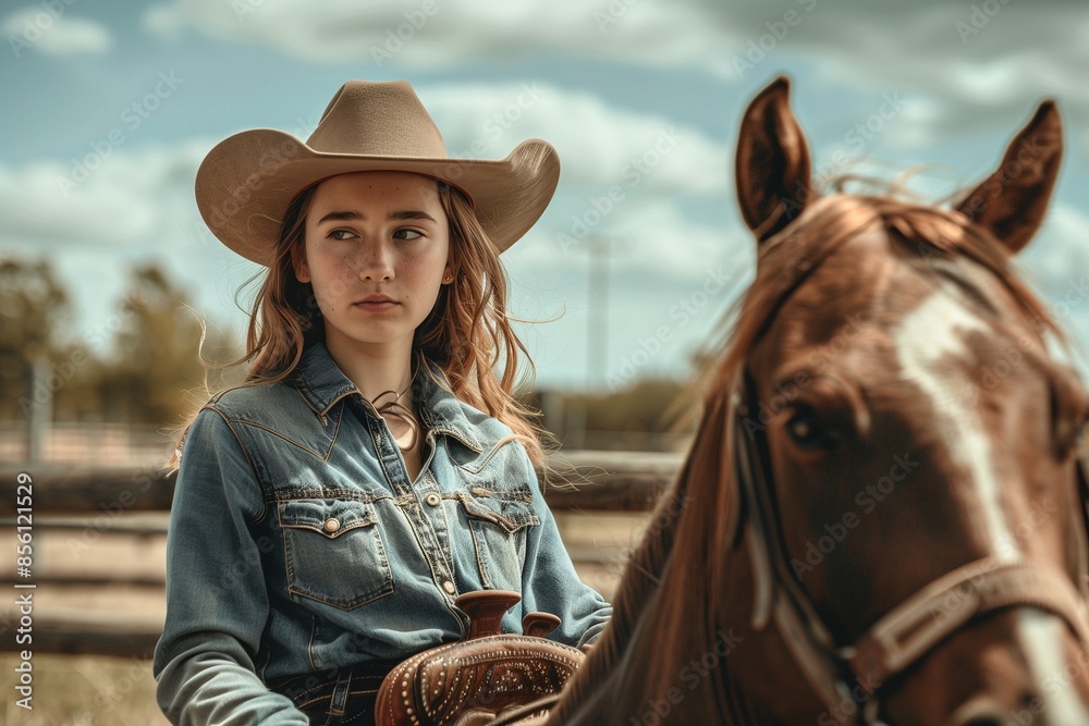 Confident Cowgirl Wearing Hat Standing Next to Horse on Ranch Confident Cowgirl Wearing Hat Standing Next to Horse on Ranch