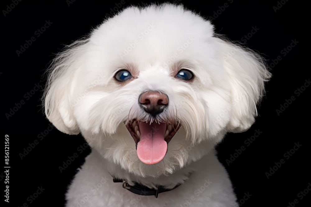 Portrait of a smiling bichon frise in front of solid color backdrop Portrait of a smiling bichon frise in front of solid color backdrop
