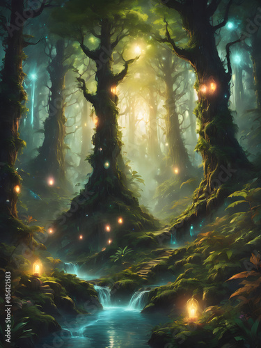 A mystical, fantasy background illustration with enchanted forests, mythical creatures, and glowing lights. The design is magical and otherworldly, ideal for fantasy stories or games.