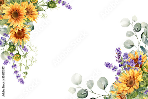 Fototapeta Naklejka Na Ścianę i Meble -  Sunflower and lavender flower arrangement. Foral Watercolor illustration on transparent background