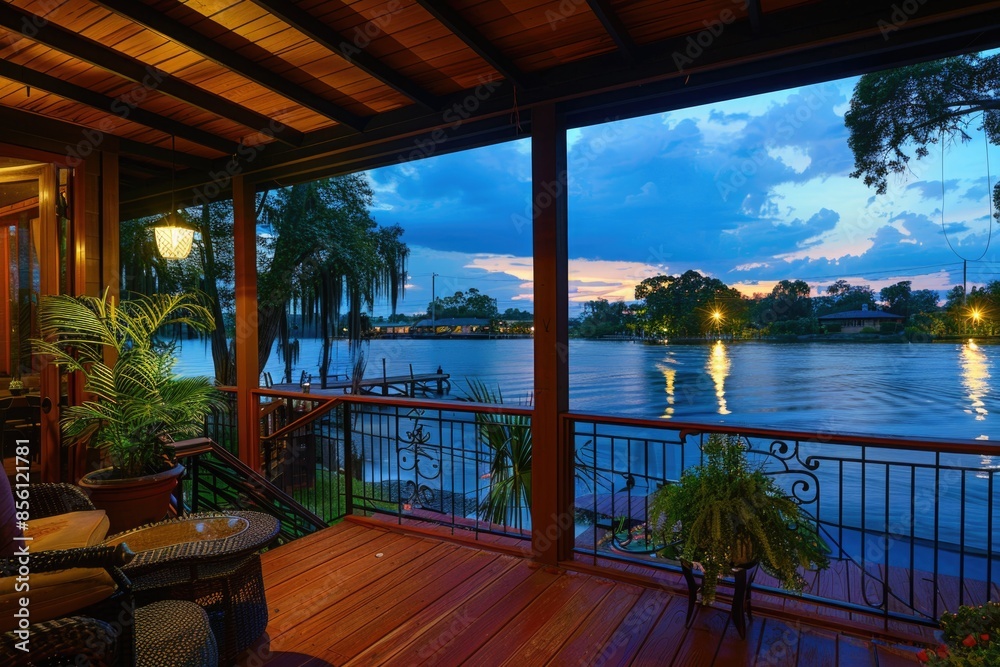 A cozy porch overlooking calm waters A cozy porch overlooking calm waters