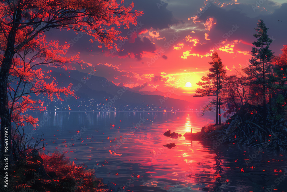 A nostalgic digital scene with pixel art trees and a sunset, A nostalgic digital scene with pixel art trees and a sunset,