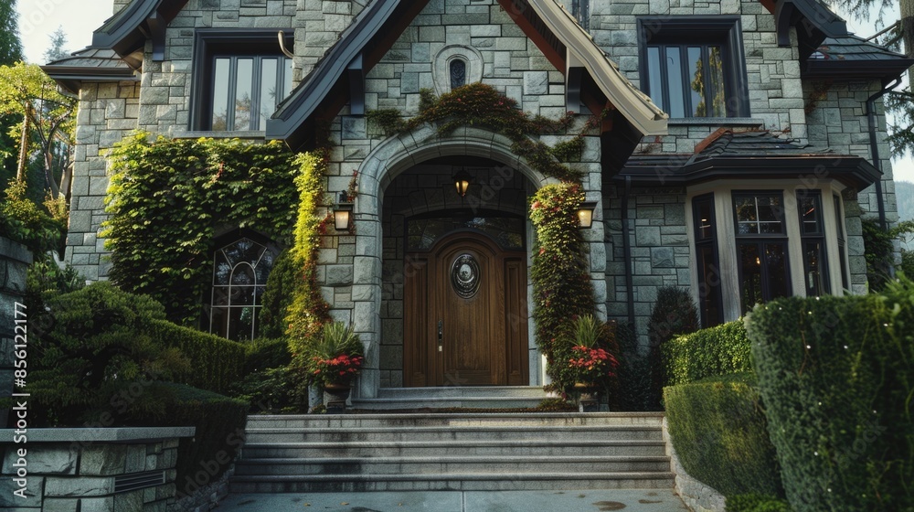A residential building with a clock face on the front wall A residential building with a clock face on the front wall