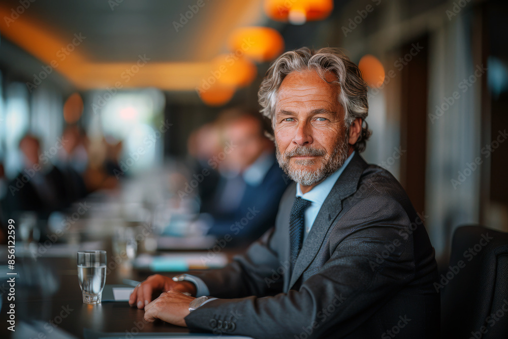 Portrait of a successful leader in a sharp formal suit posing by business partners in a conference room Portrait of a successful leader in a sharp formal suit posing by business partners in a conference room