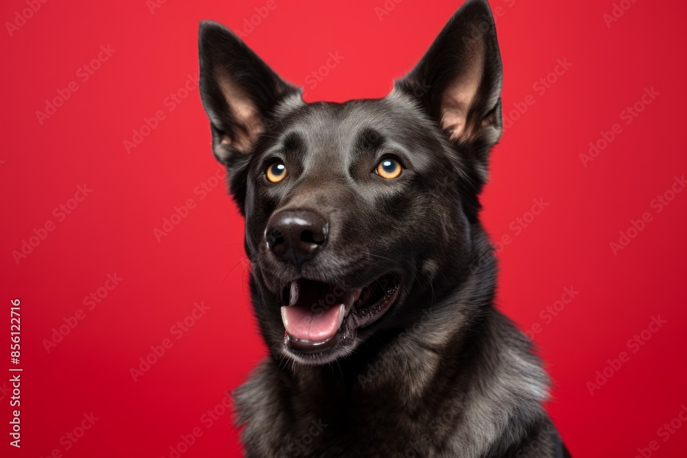 Portrait of a smiling norwegian elkhound on solid color backdrop