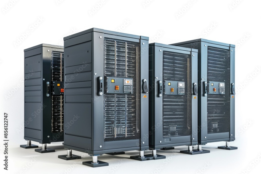 A compact cluster of black servers, ideal for use in data centers or server rooms A compact cluster of black servers, ideal for use in data centers or server rooms