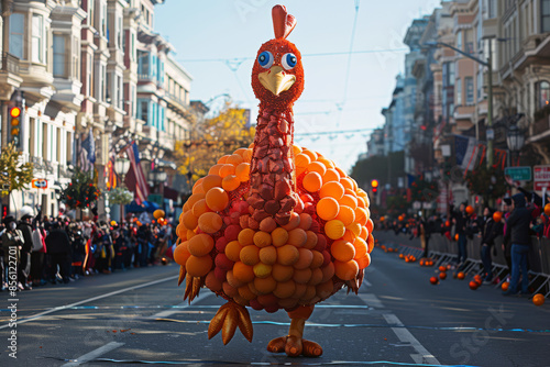 Giant inflatable turkey makes its way down a city street during a Thanksgiving parade. Spectators line the streets cheering and waving