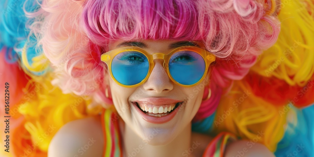 A person wearing a bright pink wig and trendy sunglasses, great for adding personality to your image or project A person wearing a bright pink wig and trendy sunglasses, great for adding personality to your image or project