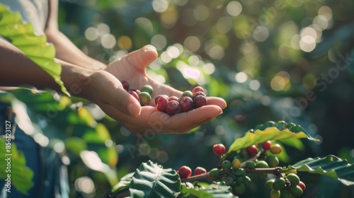 A person is holding a bunch of red berries in their hand in garden photo