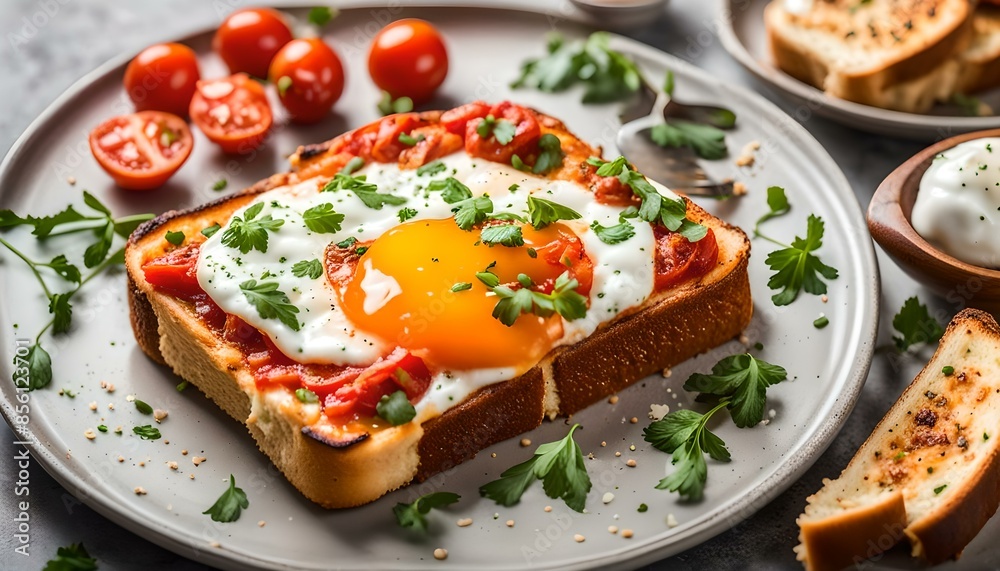 Homemade Sheet-Pan Shakshuka Toast on a Plate, side view. Copy space.
Homemade Sheet-Pan Shakshuka Toast on a Plate, side view. Copy space.