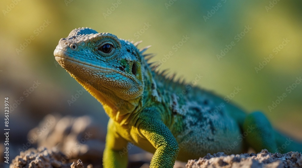 Lizard shadow on green sheet close-up macro. Lizard and a flower on a beautiful soft turquoise and yellow background summer outdoors. Very nice stunning artistic image. Desktop wallpapers, postcard Lizard shadow on green sheet close-up macro. Lizard and a flower on a beautiful soft turquoise and yellow background summer outdoors. Very nice stunning artistic image. Desktop wallpapers, postcard
