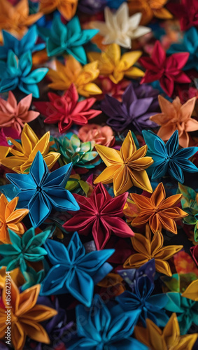 Colorful origami patterns creating an abstract wallpaper. © xKas