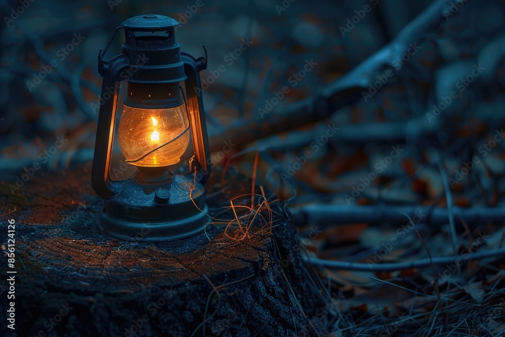 A lit lantern sits atop a rustic tree stump, perfect for use in outdoor or camping scenes