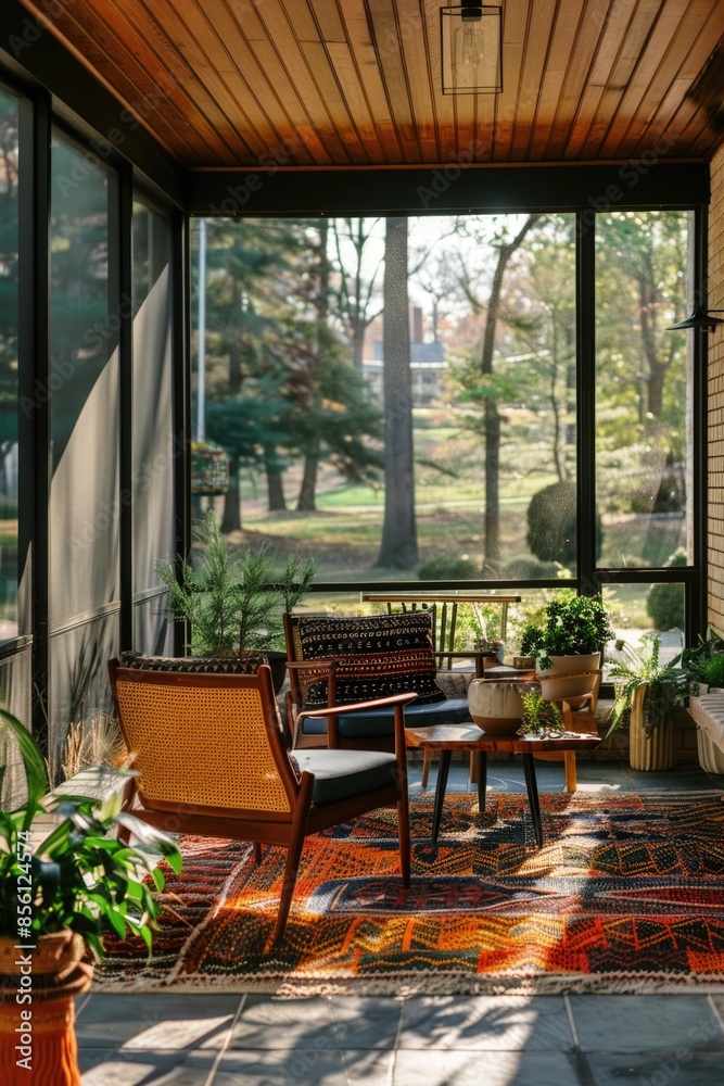 Fototapeta premium A patio with a couch, chairs, and a table, perfect for relaxation or socializing