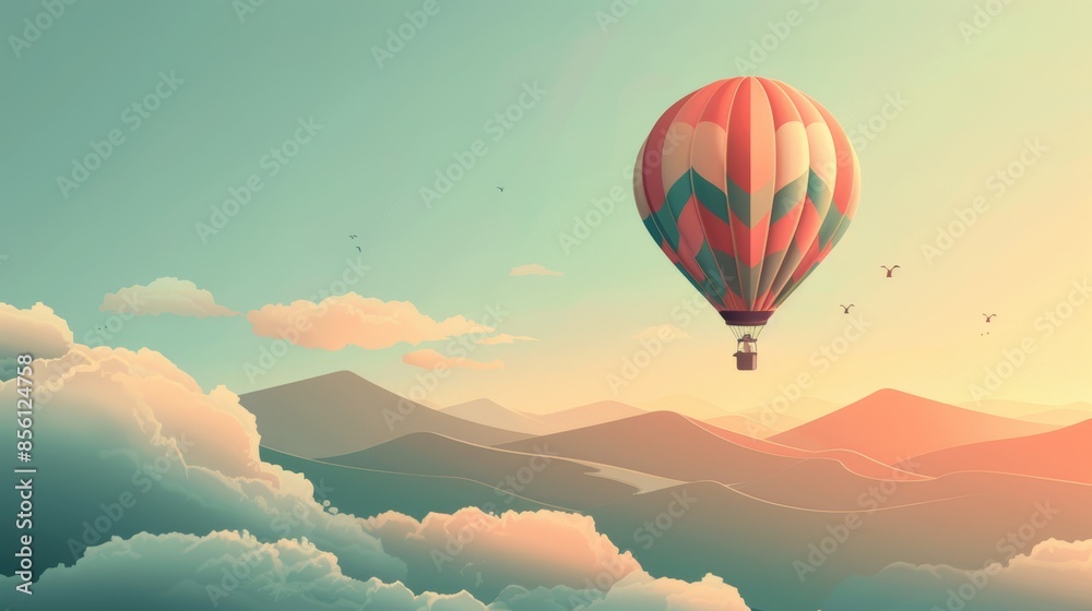 A hot air balloon floating gracefully in the sky, with vibrant colors and patterns, symbolizing adventure, freedom, and the feeling of being uplifted. A hot air balloon floating gracefully in the sky, with vibrant colors and patterns, symbolizing adventure, freedom, and the feeling of being uplifted.