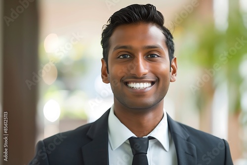 A close-up portrait of a smiling South Asian man in a suit, radiating positive energy