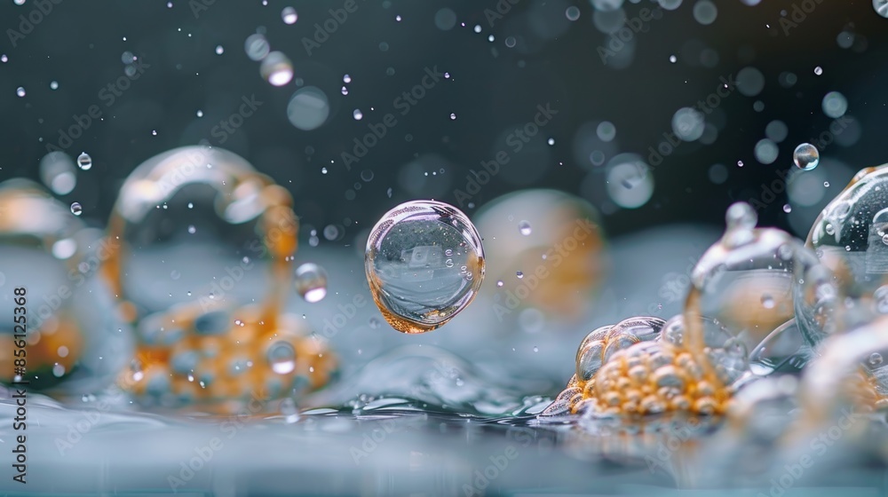 A scientific experiment showing the formation of bubbles in a liquid, highlighting the process of gas being released and forming spherical shapes. A scientific experiment showing the formation of bubbles in a liquid, highlighting the process of gas being released and forming spherical shapes.