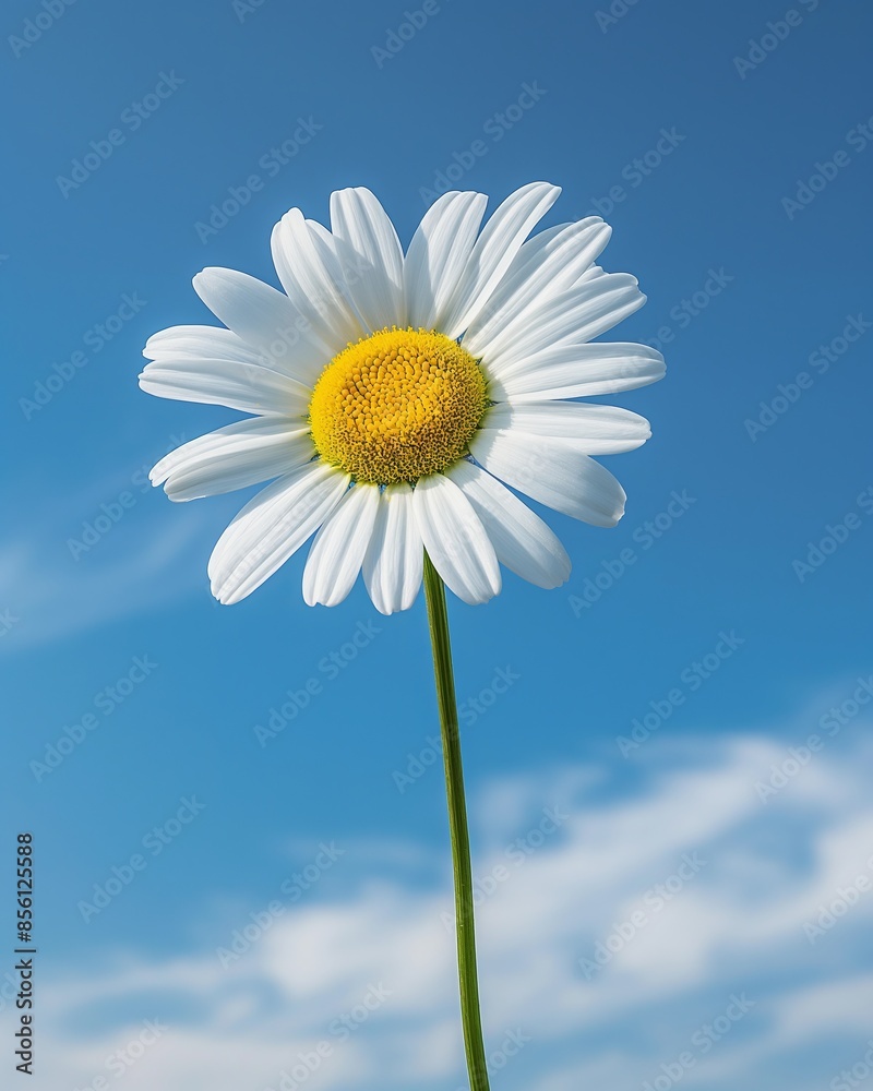 A bold and simple daisy displays its bright white petals against a striking blue sky, illustrating nature's elegance