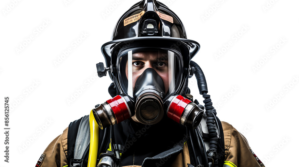 Portrait of a firefighter in full gear, wearing a helmet and respirator, ready for action. Professional emergency responder in protective equipment.