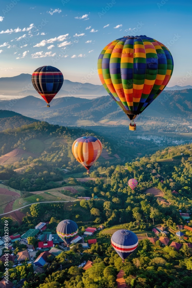 Obraz premium Aerial view of colorful hot air balloons soaring above a town, with buildings and trees in the background