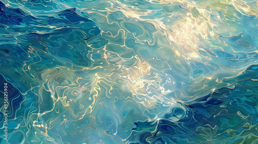 Abstract pattern of overlapping waves in a body of water, with sunlight creating a shimmering, rippling effect on the surface, resembling a painting. Abstract pattern of overlapping waves in a body of water, with sunlight creating a shimmering, rippling effect on the surface, resembling a painting.