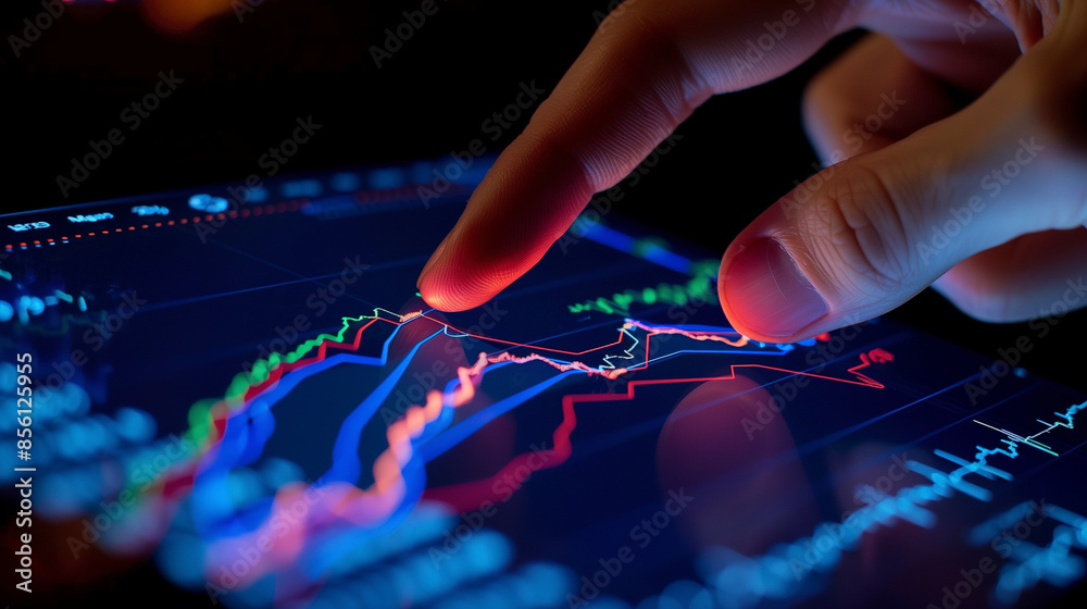 Finger Pointing At The Stock Market Chart On The Screen: Strategic Financial Analytics. Digital Tools For Optimizing Investment Decisions Finger Pointing At The Stock Market Chart On The Screen: Strategic Financial Analytics. Digital Tools For Optimizing Investment Decisions