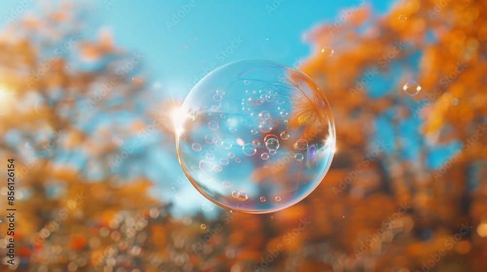 Close-up of a bubble wand creating a large, shimmering bubble against a blue sky, with the surrounding nature blurred in the background, conveying a sense of freedom and playfulnes Close-up of a bubble wand creating a large, shimmering bubble against a blue sky, with the surrounding nature blurred in the background, conveying a sense of freedom and playfulnes