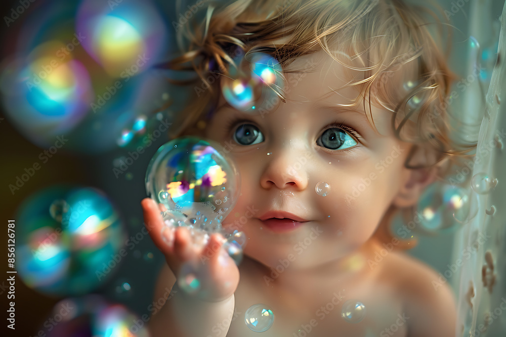 A joyful child with a happy face playing with soap bubbles, capturing the essence of childhood fun. A joyful child with a happy face playing with soap bubbles, capturing the essence of childhood fun.