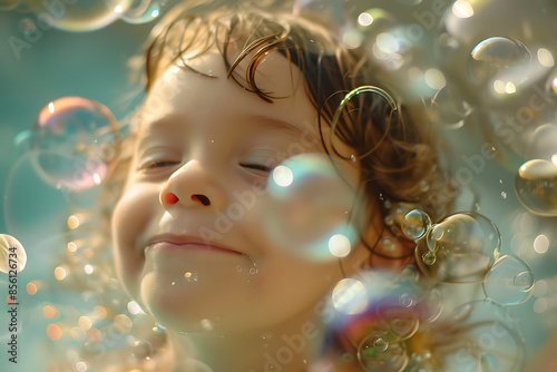 A joyful child with a happy face playing with soap bubbles, capturing the essence of childhood fun.