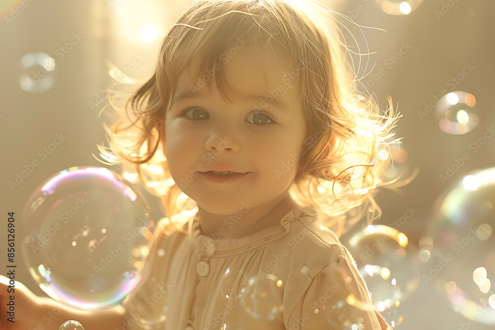 A joyful child with a happy face playing with soap bubbles, capturing the essence of childhood fun. A joyful child with a happy face playing with soap bubbles, capturing the essence of childhood fun.