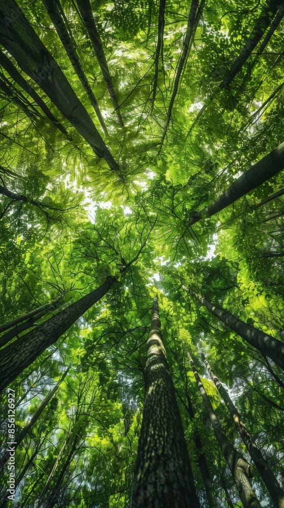 Fototapeta premium Looking up at tall green trees in a dense forest, serene and lush nature
