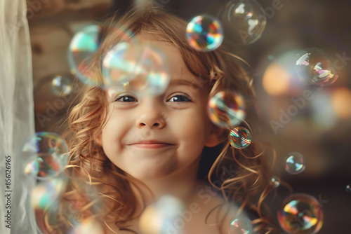 A joyful child with a happy face playing with soap bubbles, capturing the essence of childhood fun.
