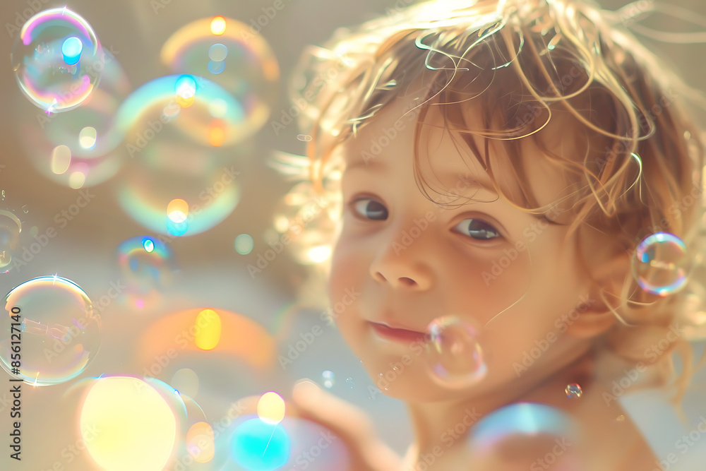 A joyful child with a happy face playing with soap bubbles, capturing the essence of childhood fun. A joyful child with a happy face playing with soap bubbles, capturing the essence of childhood fun.