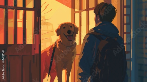 Boy greeting dog at doorway. Digital illustration with warm colors