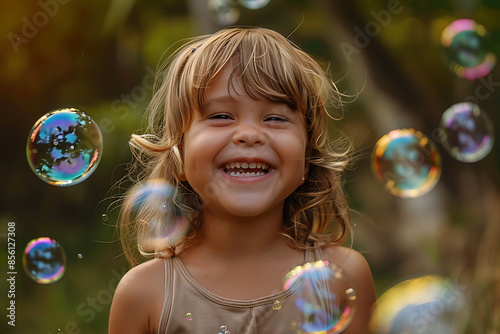 A joyful child with a happy face playing with soap bubbles, capturing the essence of childhood fun.