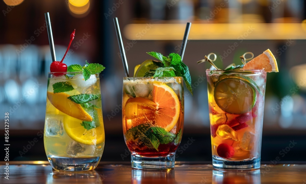© Oksana - Three colorful cocktails with fruit garnishes on a bar counter. Close-up photography. Refreshment and beverage concept. © Oksana - Three colorful cocktails with fruit garnishes on a bar counter. Close-up photography. Refreshment and beverage concept.
