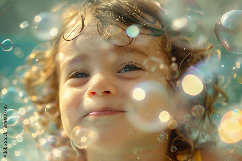 A joyful child with a happy face playing with soap bubbles, capturing the essence of childhood fun. A joyful child with a happy face playing with soap bubbles, capturing the essence of childhood fun.